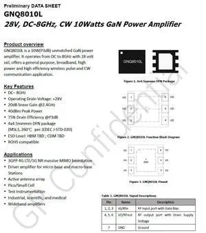 GNQ8010L 28V DC-8GHz GaN cw 10w GaN RF Power Amplifier GNQ8010L 28V DC-8GHz GaN cw 10w GaN RF Power Amplifier