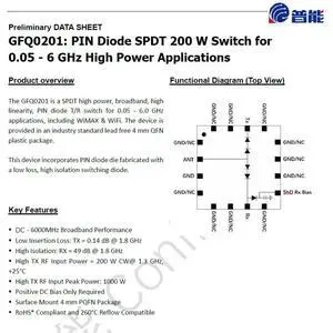 GFQ0201 PIN Diode SPDT 200W Switch for 0.05-6GHz GFQ0201 PIN Diode SPDT 200W Switch for 0.05-6GHz