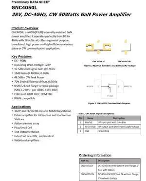 GNC4050L 28V DC~4GHz GaN cw 50w GaN RF Power Amplifier GNC4050L 28V DC~4GHz GaN cw 50w GaN RF Power Amplifier