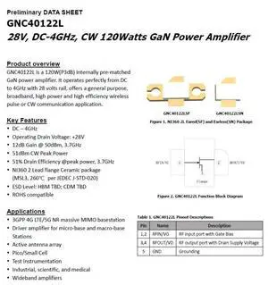 GNC40122L 28V DC-4GHz GaN 120w GaN RF Power Amplifier GNC40122L 28V DC-4GHz GaN 120w GaN RF Power Amplifier