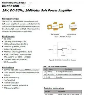 GNC30100L 28V DC-3GHz GaN 100W GaN RF Power Amplifier GNC30100L 28V DC-3GHz GaN 100W GaN RF Power Amplifier