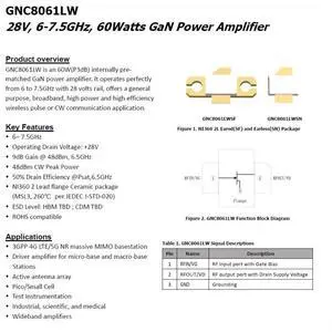 GNC8061LW 28V 6~7.5GHz GaN cw 60w GaN RF Power Amplifier GNC8061LW 28V 6~7.5GHz GaN cw 60w GaN RF Power Amplifier