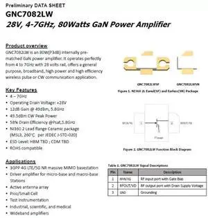 GNC7082LW 28V 4-7GHz GaN 80w GaN RF Power Amplifier GNC7082LW 28V 4-7GHz GaN 80w GaN RF Power Amplifier