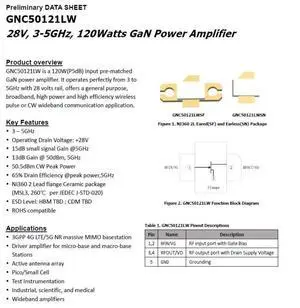 GNC50121LW 28V 3~5GHz GaN cw 100w GaN RF Power Amplifier GNC50121LW 28V 3~5GHz GaN cw 100w GaN RF Power Amplifier