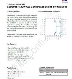 GEQ5045F 30M to 5GHz 30w GaN Broadband RF Switch SP4T GEQ5045F 30M to 5GHz 30w GaN Broadband RF Switch SP4T