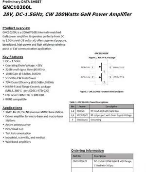 GNC10200L 28V DC-1GHz GaN 200w GaN RF Power Amplifier GNC10200L 28V DC-1GHz GaN 200w GaN RF Power Amplifier