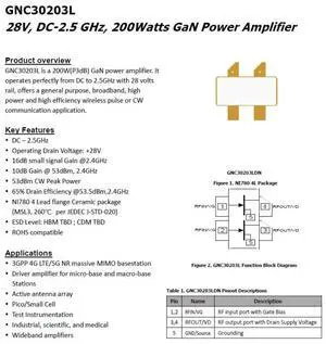 GNC30203L 28V DC-2.5GHz GaN 200w GaN RF Power Amplifier GNC30203L 28V DC-2.5GHz GaN 200w GaN RF Power Amplifier