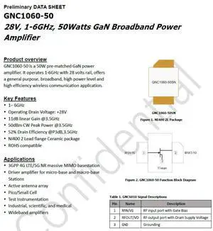 GNC1060-50 28V 1-6GHz GaN 50w GaN RF Power Amplifier GNC1060-50 28V 1-6GHz GaN 50w GaN RF Power Amplifier
