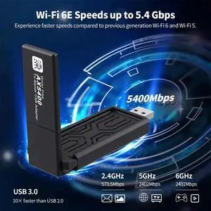 AX5400 6E USB Adapter Card 2.4G/5G/6GHz Tri-Band 5400Mbps USB3.0 6E Adapter for Win10&Win11 AX5400 6E USB Adapter Card 2.4G/5G/6GHz Tri-Band 5400Mbps USB3.0 6E Adapter for Win10&Win11