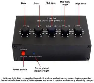 -50 Instrument Pre-Amplifier 4-Band Equalizer 6.35mm TR 3.5mm TRS Rechargeable Pre-Amplifier for Piezoelectric Pickups -50 Instrument Pre-Amplifier 4-Band Equalizer 6.35mm TR 3.5mm TRS Rechargeable Pre-Amplifier for Piezoelectric Pickups
