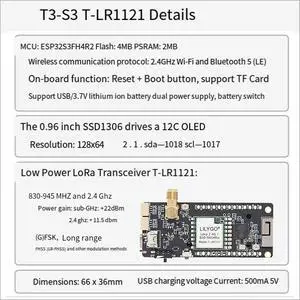 T3S3-LR1121/2.4G V1.2 - LoRa2.4G SX1280 Equipped with 0.96 Inch OLED Development Board Module T3S3-LR1121/2.4G V1.2 - LoRa2.4G SX1280 Equipped with 0.96 Inch OLED Development Board Module