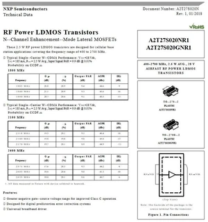 A2T27S020GNR1 A2T27S20G 400-2700MHZ 20W RF Tube N--Channel Enhancement--Mode Lateral MOSFETs A2T27S020GNR1 A2T27S20G 400-2700MHZ 20W RF Tube N--Channel Enhancement--Mode Lateral MOSFETs