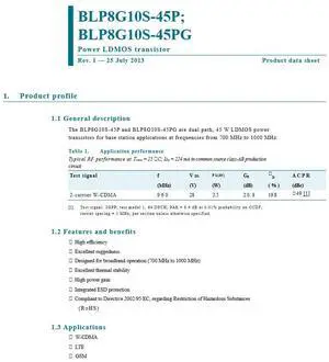 BLP8G10S-45P 700-1000Mhz 45W Power LDMOS transistor RF power amplifiers BLP8G10S-45P 700-1000Mhz 45W Power LDMOS transistor RF power amplifiers