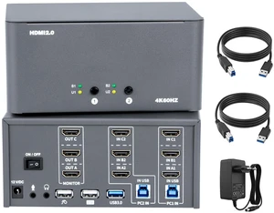 KVM Switch 3 Monitors 2 Computers, HDMI 4K@60Hz KVM Switch with USB3.0, 2 Computers Share One Set of Keyboard, Mouse and Monitors, Supports Windows/Mac/Linux KVM Switch 3 Monitors 2 Computers, HDMI 4K@60Hz KVM Switch with USB3.0, 2 Computers Share One Set of Keyboard, Mouse and Monitors, Supports Windows/Mac/Linux
