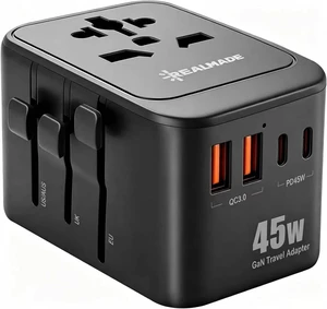 Realmade 45W GaN PD Travel Adapter 5-Port EU UK US AU Plug Black Realmade 45W GaN PD Travel Adapter 5-Port EU UK US AU Plug Black