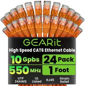 GEARit Cat6 Patch Cables Cat 6 Ethernet Cable 1 ft 24-Pack Orange GEARit Cat6 Patch Cables Cat 6 Ethernet Cable 1 ft 24-Pack Orange