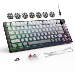 FOPETT Wireless Mechanical Keyboard Rechargeable Adjustable Backlight Three Mode Wired /2.4G /Bluetooth Side Engraved for Laptop/Windows/PC - Gradient Grey Black FOPETT Wireless Mechanical Keyboard Rechargeable Adjustable Backlight Three Mode Wired /2.4G /Bluetooth Side Engraved for Laptop/Windows/PC - Gradient Grey Black