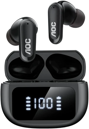 AOC Noise Cancelling Wireless Earbuds, 39dB ANC, 45H, LED Display, Black AOC Noise Cancelling Wireless Earbuds, 39dB ANC, 45H, LED Display, Black