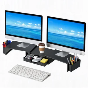 LEKETREE Dual Monitor Stand Riser with Drawer and 2 Pen Holders, Black LEKETREE Dual Monitor Stand Riser with Drawer and 2 Pen Holders, Black