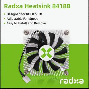 Radxa Heatsink 8418B, Designed for ROCK 5 ITX, Adjustable Fan Speed, Easy to Install and Remove. Radxa Heatsink 8418B, Designed for ROCK 5 ITX, Adjustable Fan Speed, Easy to Install and Remove.