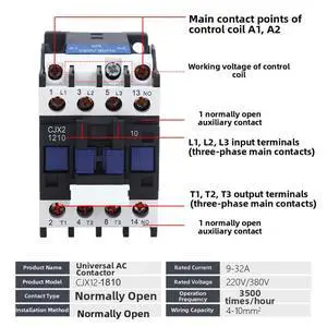 220 Volt AC Contactor CJX2 1210 3 Pole With 1NO Auxiliary Contact 12 Amps Din Rail Mount For Industrial Applications 220 Volt AC Contactor CJX2 1210 3 Pole With 1NO Auxiliary Contact 12 Amps Din Rail Mount For Industrial Applications
