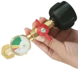 1 lb Propane Tank Refill Adapter with Brass Body and 3-Color Gauge for Accurate Level Monitoring During Refill 1 lb Propane Tank Refill Adapter with Brass Body and 3-Color Gauge for Accurate Level Monitoring During Refill