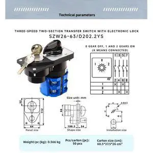 Rotary Changeover Switch SZW26 63/D202.2YS 3 Position 2 Section Electronic Lock AC440V 63A Short Circuit Capacity Rotary Changeover Switch SZW26 63/D202.2YS 3 Position 2 Section Electronic Lock AC440V 63A Short Circuit Capacity