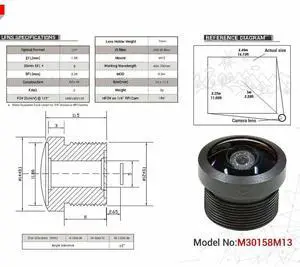 Arducam 1/3" M12 Mount 1.58mm Focal Length Fisheye Lens M30158M13 Arducam 1/3" M12 Mount 1.58mm Focal Length Fisheye Lens M30158M13