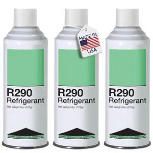 R290 Refrigerant 3-Pack - 8oz Upright Charging Self Sealing Can - Can Stand Upright While Charging - Made In The USA (Adapter Not Included) R290 Refrigerant 3-Pack - 8oz Upright Charging Self Sealing Can - Can Stand Upright While Charging - Made In The USA (Adapter Not Included)