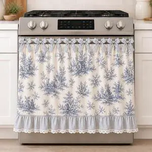 Farmhouse Oven Skirt Curtain for Kitchen Decor, Cotton Blend Oven Curtain with Lace Ruffle Trim & 8 Ribbon Ties, Rustic Kitchen Stove Door Covers with Floral Print for Home Decor (Blue Toile) Farmhouse Oven Skirt Curtain for Kitchen Decor, Cotton Blend Oven Curtain with Lace Ruffle Trim & 8 Ribbon Ties, Rustic Kitchen Stove Door Covers with Floral Print for Home Decor (Blue Toile)
