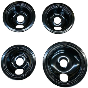 Black Porcelain Drip Tray, 4 Pack, for GE, (3) 6" WB31T10014 (WB31M20) (1) 8" WB31T10015 (WB31M19) Black Porcelain Drip Tray, 4 Pack, for GE, (3) 6" WB31T10014 (WB31M20) (1) 8" WB31T10015 (WB31M19)