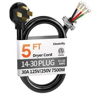 5FT 4 Prong Dryer Cord, Pure Copper, NEMA 14-30P Plug, ETL Listed | 4-Wire 30Amp 10 Gauge, Dryer Cord 4 Prong, Dryer Power Cord Replacement, O-Ring Terminals, 250V 7500W, Black, SRDT 5FT 4 Prong Dryer Cord, Pure Copper, NEMA 14-30P Plug, ETL Listed | 4-Wire 30Amp 10 Gauge, Dryer Cord 4 Prong, Dryer Power Cord Replacement, O-Ring Terminals, 250V 7500W, Black, SRDT