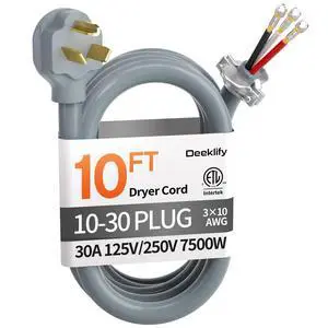 10FT 3 Prong Dryer Cord, Pure Copper, NEMA 10-30P Plug, ETL Listed | 3-Wire 30Amp 10 Gauge, Dryer Cord 3 Prong, Dryer Power Cord Replacement, O-Ring Terminals, 250V 7500W, Gray, STW 10FT 3 Prong Dryer Cord, Pure Copper, NEMA 10-30P Plug, ETL Listed | 3-Wire 30Amp 10 Gauge, Dryer Cord 3 Prong, Dryer Power Cord Replacement, O-Ring Terminals, 250V 7500W, Gray, STW