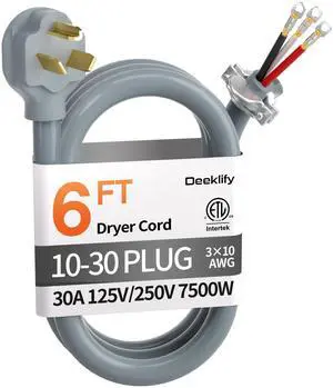 6FT 3 Prong Dryer Cord, Pure Copper, NEMA 10-30P Plug, ETL Listed | 3-Wire 30Amp 10 Gauge, Dryer Cord 3 Prong, Dryer Power Cord Replacement, O-Ring Terminals, 250V 7500W, Gray, STW 6FT 3 Prong Dryer Cord, Pure Copper, NEMA 10-30P Plug, ETL Listed | 3-Wire 30Amp 10 Gauge, Dryer Cord 3 Prong, Dryer Power Cord Replacement, O-Ring Terminals, 250V 7500W, Gray, STW