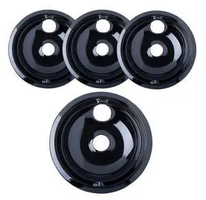 Made in the USA Porcelain Drip Pans (3) 6 WB31M20, (1) 8 WB31M19 Replacement for GE P119204XZ Style B Black Made in the USA Porcelain Drip Pans (3) 6 WB31M20, (1) 8 WB31M19 Replacement for GE P119204XZ Style B Black