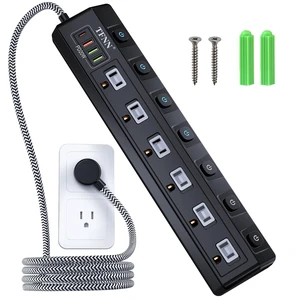 Power Strip with USBC & USBA Ports, 6 AC Outlets, Wall Mount Power Strip with USBC & USBA Ports, 6 AC Outlets, Wall Mount