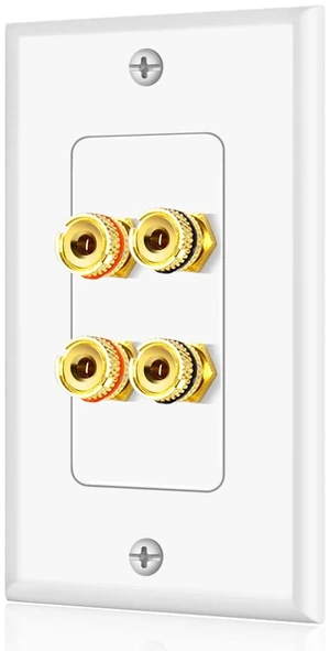 Speaker Wall Plate for 1 Speaker, Banana Plug, Single Gang, White Speaker Wire Wall Outlet with Gold-Plated Binding Posts for Spades or Bare Wire; for Home Theater and Surround Sound Setups Speaker Wall Plate for 1 Speaker, Banana Plug, Single Gang, White Speaker Wire Wall Outlet with Gold-Plated Binding Posts for Spades or Bare Wire; for Home Theater and Surround Sound Setups