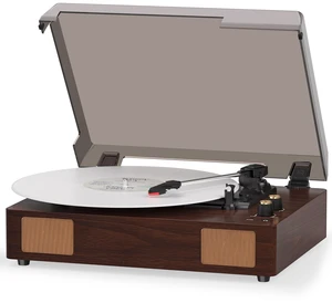 Brown Bluetooth Record Player, 3-Speed Belt Drive Turntable Warm brown design with Bluetooth, 3-speed playback, stereo speakers, AUX, RCA and headphone output for home listening Brown Bluetooth Record Player, 3-Speed Belt Drive Turntable Warm brown design with Bluetooth, 3-speed playback, stereo speakers, AUX, RCA and headphone output for home listening