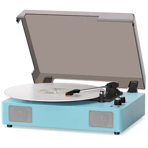 Blue Bluetooth Record Player, 3-Speed Belt Drive Turntable Vibrant blue design with Bluetooth, 3-speed playback, stereo speakers, auto stop, AUX, RCA and headphone output Blue Bluetooth Record Player, 3-Speed Belt Drive Turntable Vibrant blue design with Bluetooth, 3-speed playback, stereo speakers, auto stop, AUX, RCA and headphone output