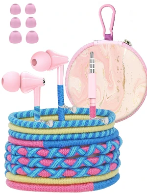 Teens Wired Earbuds with Braided Cord & Art Case, Pink Blue Wired School Earbuds with Pink Braided Tangle-free Cord for Pad, Marble Hard case, eartips & Carabiner Teens Wired Earbuds with Braided Cord & Art Case, Pink Blue Wired School Earbuds with Pink Braided Tangle-free Cord for Pad, Marble Hard case, eartips & Carabiner