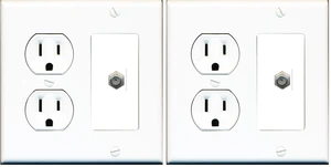 (2 Gang Decorative) 15 Amp Round Power Outlet Coax Cable TV Wall Plate - White (Pack of 2) (2 Gang Decorative) 15 Amp Round Power Outlet Coax Cable TV Wall Plate - White (Pack of 2)