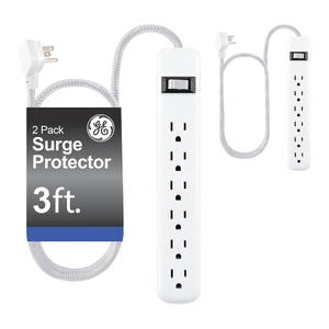 6-Outlet Sur Protector, 3 Ft Extension Cord, 450 Joules, Power Strip Flat Plug, Integrated Circuit Breaker, Wall Mount, ETL Listed, White, 2 Pack 84466 6-Outlet Sur Protector, 3 Ft Extension Cord, 450 Joules, Power Strip Flat Plug, Integrated Circuit Breaker, Wall Mount, ETL Listed, White, 2 Pack 84466