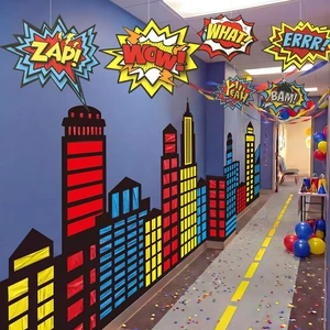 Hero Theme Party Decor Halloween Skyscraper Backdrop 3D Comic Cutouts 2 Pcs 8.2x3.3 ft Modern City Backdrop, 9.8x1.3ft Road Rug, 6 Pcs Hero Action Signs, Hero Birthday Decor, Hallway Wall Props Hero Theme Party Decor Halloween Skyscraper Backdrop 3D Comic Cutouts 2 Pcs 8.2x3.3 ft Modern City Backdrop, 9.8x1.3ft Road Rug, 6 Pcs Hero Action Signs, Hero Birthday Decor, Hallway Wall Props