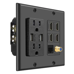 HDMI Wall Outlet, 4 HDMI Media Plate with Cat6, Coax, USB, Black Black 2-Gang Media Outlet Wall Plate with Two 15A Power Outlets, Two Usb-A Ports, 4 Hdmi Ports, Cat6 and Coax HDMI Wall Outlet, 4 HDMI Media Plate with Cat6, Coax, USB, Black Black 2-Gang Media Outlet Wall Plate with Two 15A Power Outlets, Two Usb-A Ports, 4 Hdmi Ports, Cat6 and Coax
