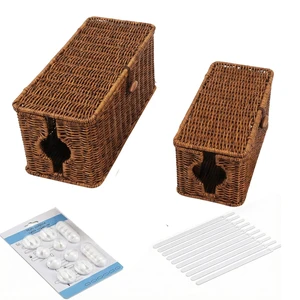 Wicker Cable Management Box, 2 Pack Large & Small Cable Organizer Box, Faux Rattan Hand-Woven Desk Organizer with 10 Cord Clips and 10 Ties, for Home Office and Charging Station Wicker Cable Management Box, 2 Pack Large & Small Cable Organizer Box, Faux Rattan Hand-Woven Desk Organizer with 10 Cord Clips and 10 Ties, for Home Office and Charging Station