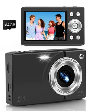 Digital Camera, 4K Vlogging Camera, Autofocus, 64GB Card, Built-in Battery 64MP, 16X Zoom, Self-Timer, Compact Digital Camera for Teens Adult Beginners, Ideal for Travel & YouTube - Black Digital Camera, 4K Vlogging Camera, Autofocus, 64GB Card, Built-in Battery 64MP, 16X Zoom, Self-Timer, Compact Digital Camera for Teens Adult Beginners, Ideal for Travel & YouTube - Black