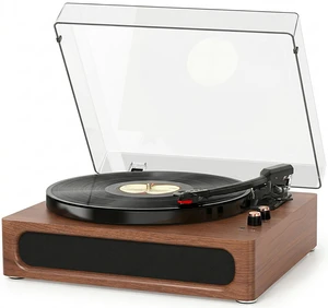 Vinyl Record Player with Speakers Mid Century Full-Size Turntable, Walnut Built-in Upgarded Speakers, Adjustable Counterweight, Bluetooth In, RCA Line-out, AUX, Headphone, Auto-Stop, Rose Gold Knob Vinyl Record Player with Speakers Mid Century Full-Size Turntable, Walnut Built-in Upgarded Speakers, Adjustable Counterweight, Bluetooth In, RCA Line-out, AUX, Headphone, Auto-Stop, Rose Gold Knob