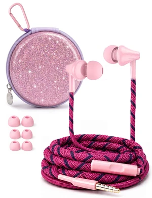 Teens Wired Earbuds with Braided Cord & Art Case, Modena Wired Student Earbuds with Pink Purple Braided Tangle-free Cord for School, square art case, Eartips & Carabiner Teens Wired Earbuds with Braided Cord & Art Case, Modena Wired Student Earbuds with Pink Purple Braided Tangle-free Cord for School, square art case, Eartips & Carabiner