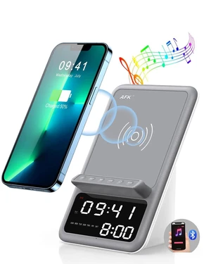 Wireless Charging Station with Bluetooth Speaker and Alarm Clock,Wireless Charger Compatible with iPhone,Android Phones (Gray-White) Wireless Charging Station with Bluetooth Speaker and Alarm Clock,Wireless Charger Compatible with iPhone,Android Phones (Gray-White)