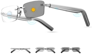 Smart Glasses,Rimless Photochromic Bluetooth Glasses with Speaker&Open-Ear HD Sound Mic- UV400 Protection, Voice Control & Hands-Free Calls,Unisex Safety Sunglasses for Music/Driving Smart Glasses,Rimless Photochromic Bluetooth Glasses with Speaker&Open-Ear HD Sound Mic- UV400 Protection, Voice Control & Hands-Free Calls,Unisex Safety Sunglasses for Music/Driving